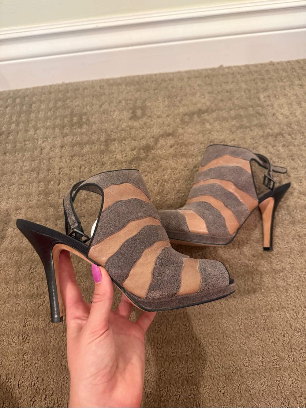 Beverly Feldman Tan and Gray Peep-Toe Slingback Heels